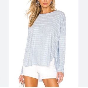Frank & Eileen Tee Lab Shirttail Slim Sleeve Tee Powder Blue Striped Raw hem XS